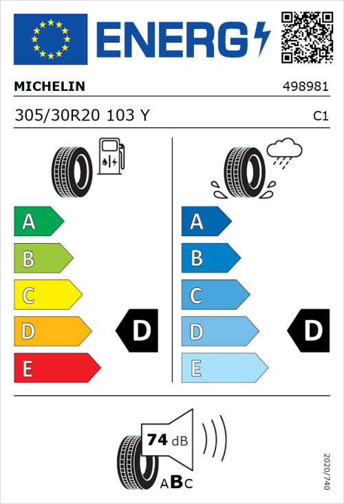 Tyre Label for Michelin Pilot Sport Cup 2 R 305/30R20 103Y